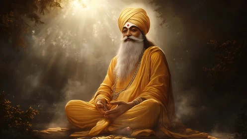 Sunlit sage in saffron robes bathing in forest tranquility.