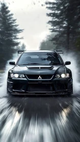 Stormy road sprint as a sleek black sports car powers ahead