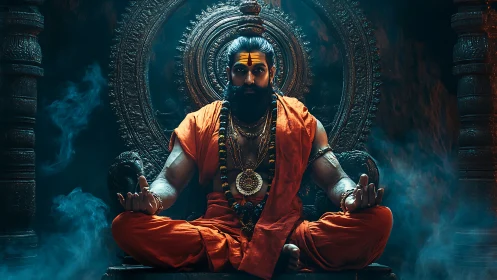 Mystic guru meditates in glowing temple haze of power