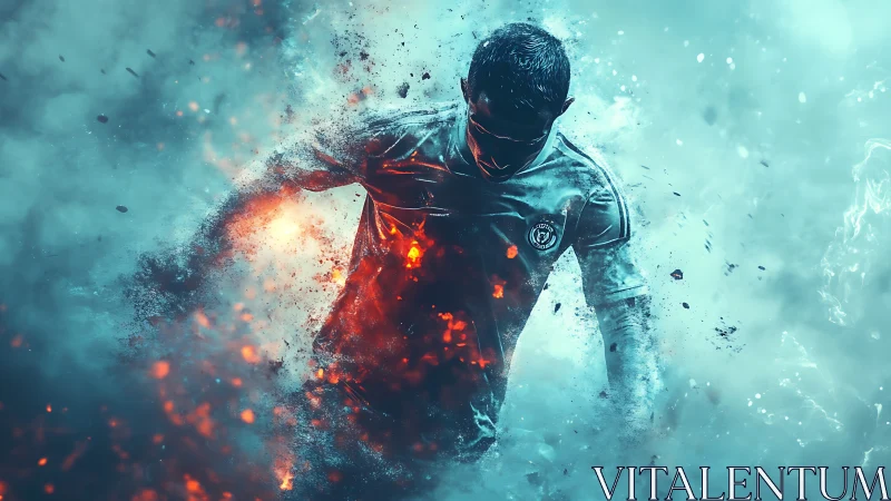 Blazing soccer hero strides through swirling fire and ice