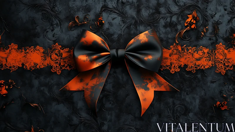 Striking black and orange ribbon bow glows on ornate backdrop