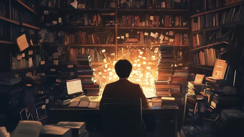 Luminous knowledge vortex engulfing solitary digital researcher.