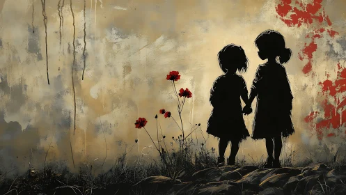 Silhouetted Children with Red Poppies Against Textured Neutral Background.