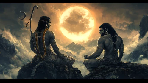 Divine warriors on cliffside ledge under colossal moon glow.