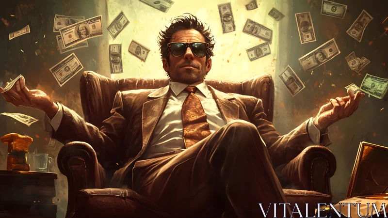 Powerful financier in leather armchair with flying banknotes