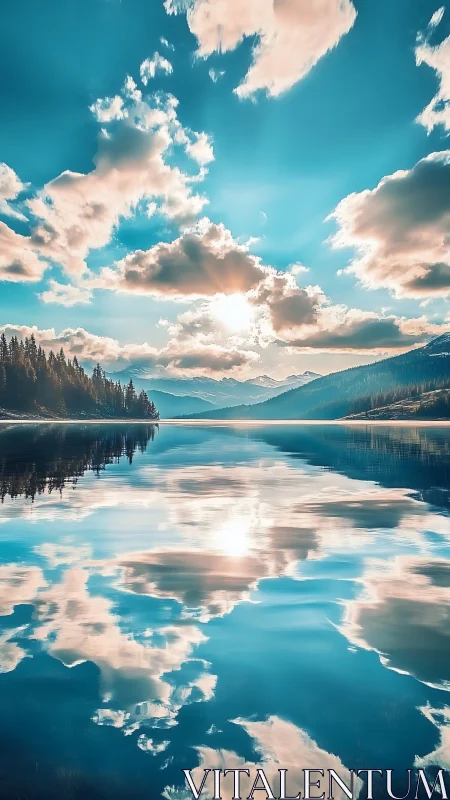 Hyperreal alpine lake mirror captures bilateral cloud symmetry