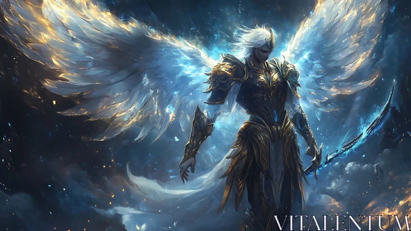 Celestial warrior angel descends with blazing crystal wings.