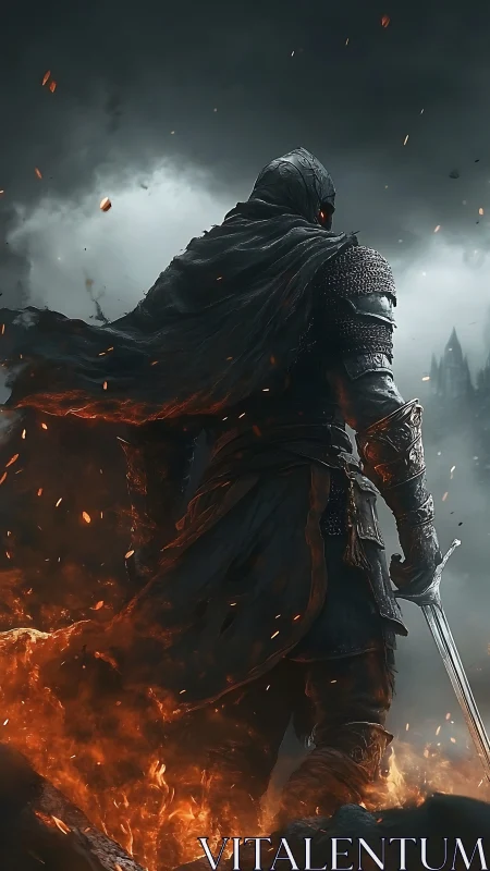 Armored swordsman in volcanic updraft amid stormfront convergence.