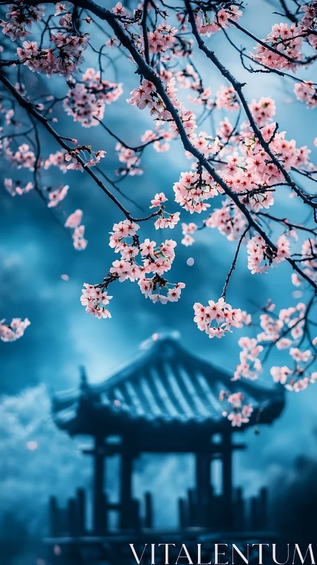 Cherry blossoms framing misty blue pagoda at dusk.