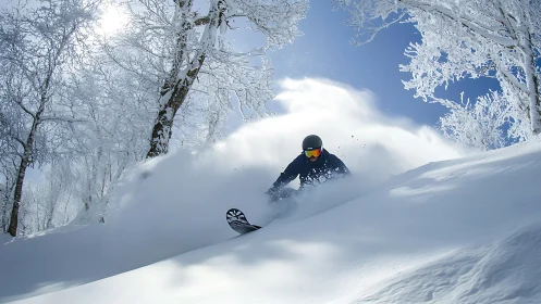 Snowboarder carves deep powder through frosted forest slope.