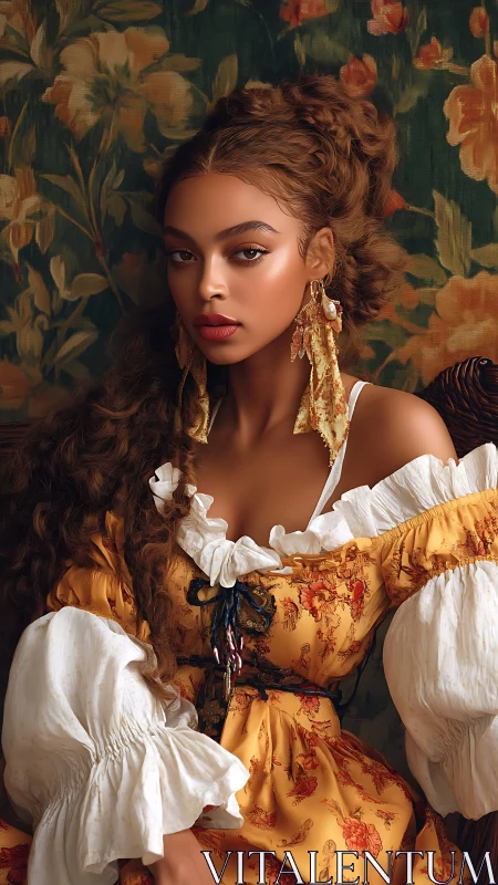 Golden rococo muse in florals, gazing through velvet hush.