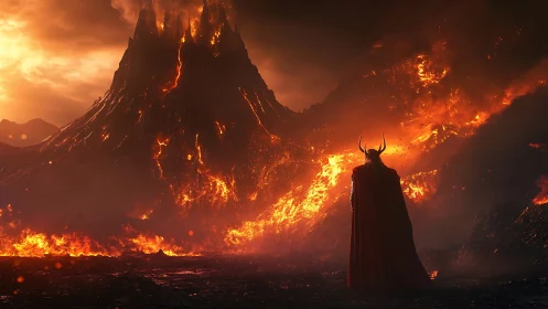 Armored horned figure surveys erupting basaltic volcano in dusk light