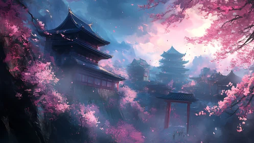 Cherry blossoms veil misty temples in ethereal mountain dawn.