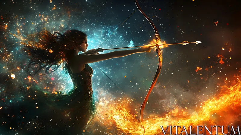Celestial archer drawing a flaming bow amid cosmic fire.