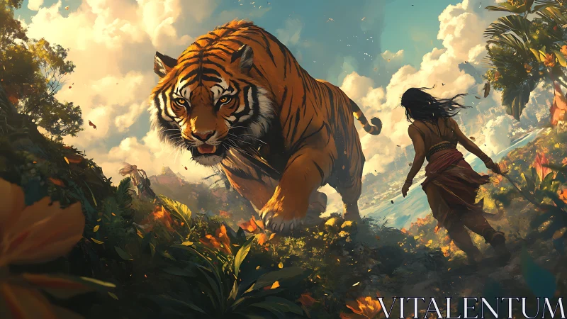 Giant tiger striding beside warrior through lush jungle trail.