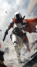 Scarlet‑scarved space trooper storms a shattered battlefield.