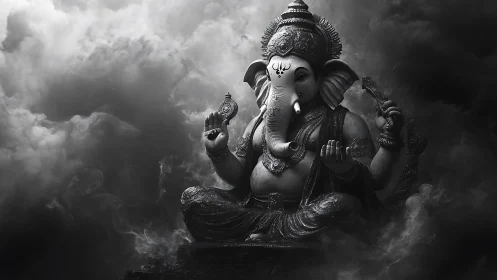 Ganesh statue sits amid dense swirling monochrome smoke