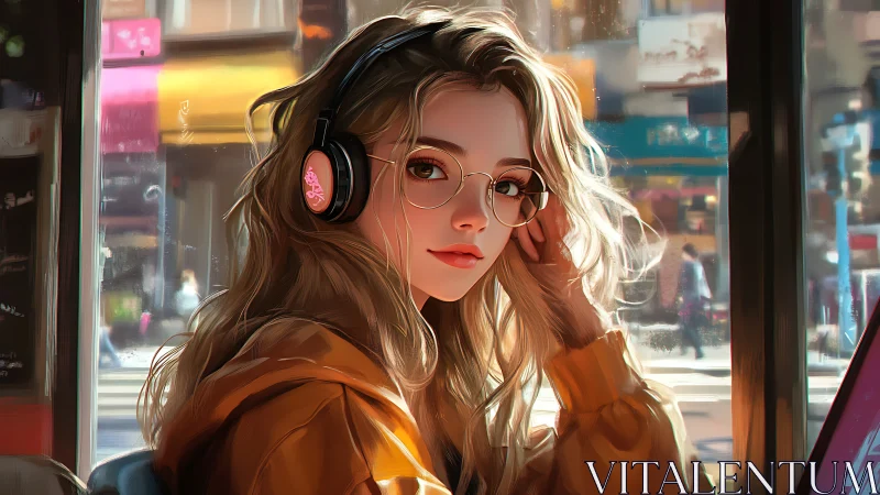 Soft-lit cafe portrait shows anime girl with headphones and laptop
