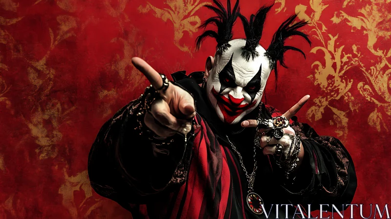 Sinister clown performer points directly toward camera viewer