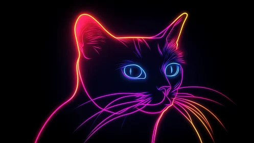 Neon outline portrait of cat in vibrant gradient light.