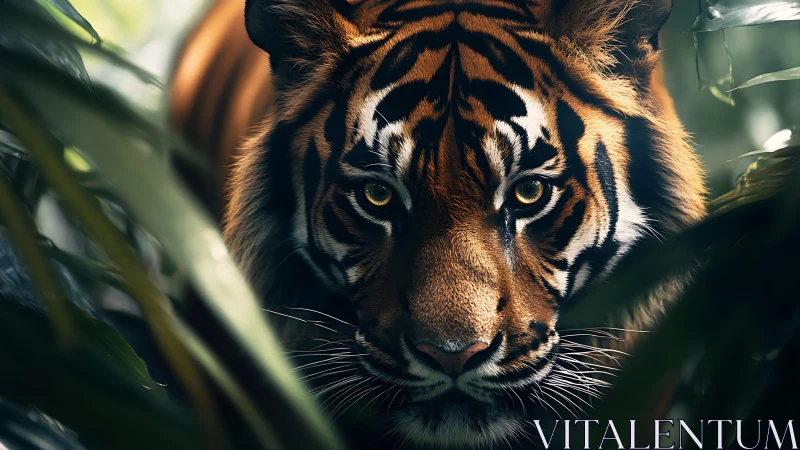 Predatory tiger portrait with shallow depth and jungle bokeh.