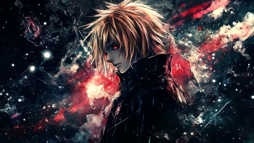 Brooding anime antihero in stellar red nebula field.
