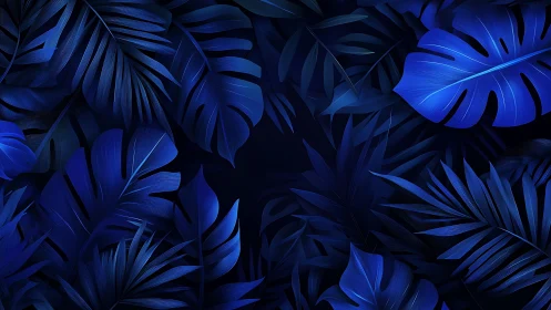 Chromatic deep-blue tropical foliage with layered vector shading.