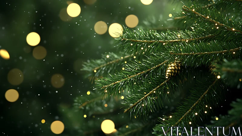 Evergreen branch with lights and gold pine cone details.