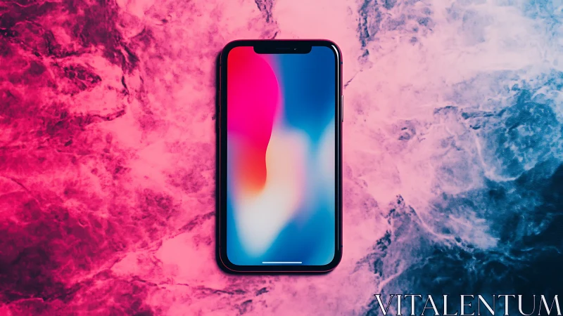 iPhone X Smartphone Displayed Against Vibrant Pink-Blue Gradient Texture.