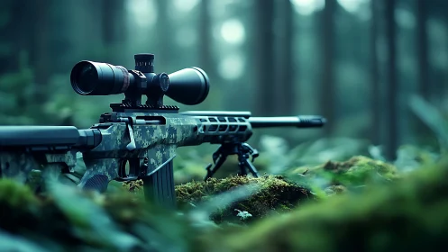 Tactical rifle with magnified scope mounted on bipod in forest environment.