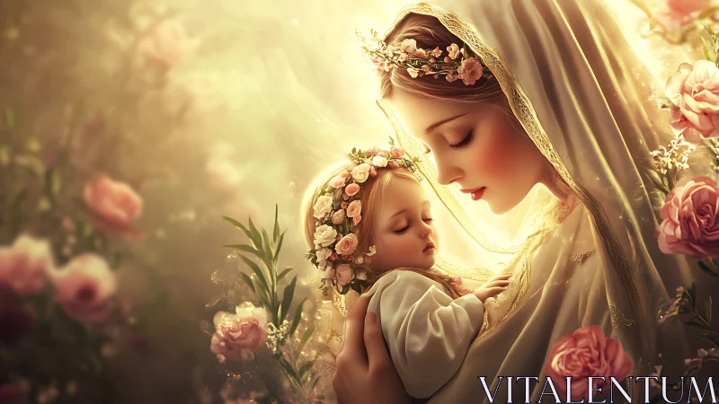 Gentle mother cradles sleeping baby in glowing rose garden