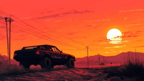 Off-road muscle car cuts across desert highway at neon sunset