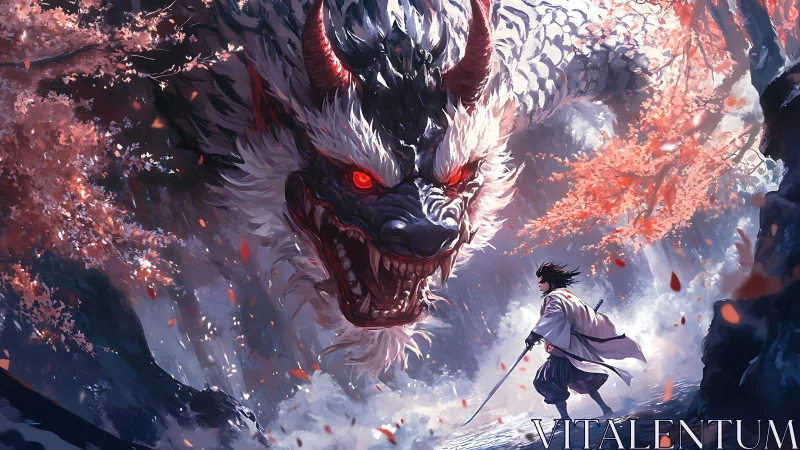 Crimson-eyed dragon descends on lone samurai beneath ember bloom.