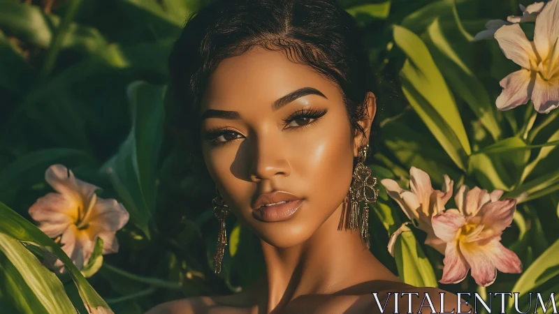 Sunlit portrait with lilies and golden glam makeup glow.