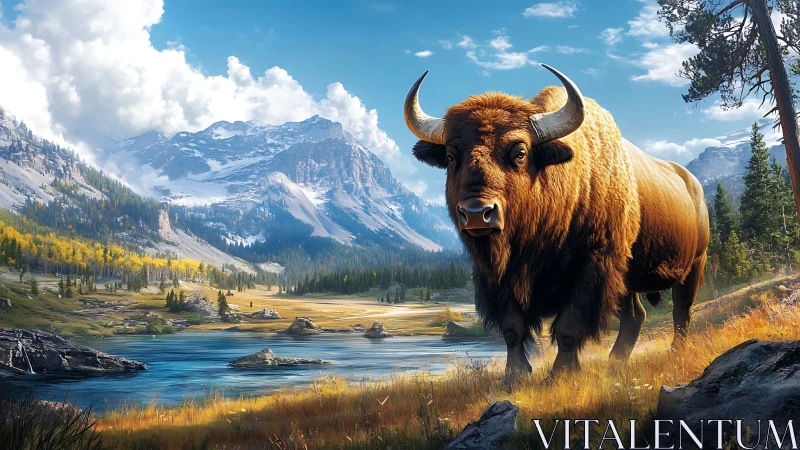 Massive bison standing in bright alpine river valley.
