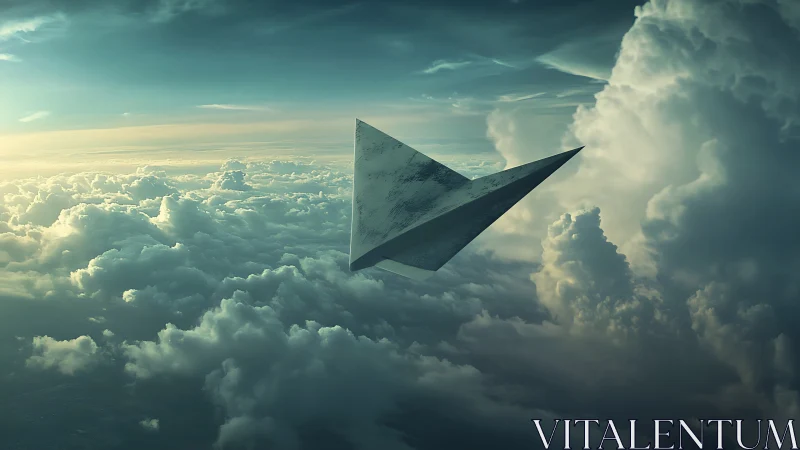 Futuristic stone monolith glides silently through sunset clouds.