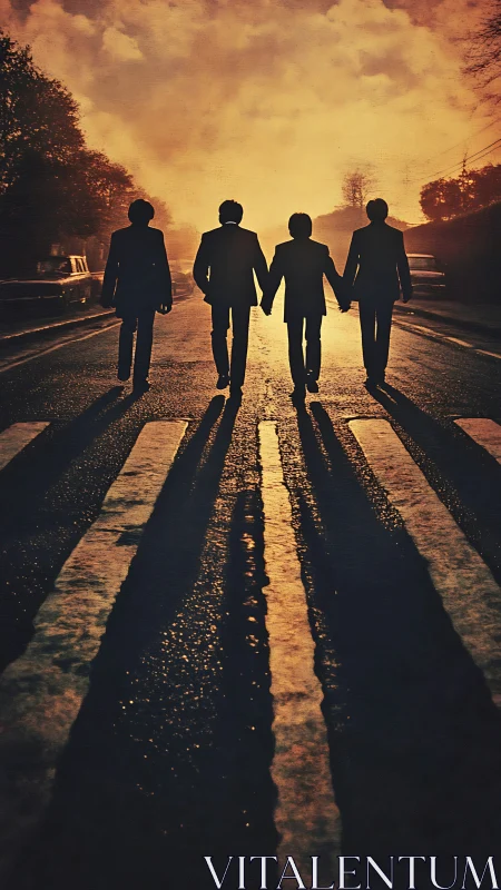 Silhouetted figures crossing sunlit street in elongated shadows