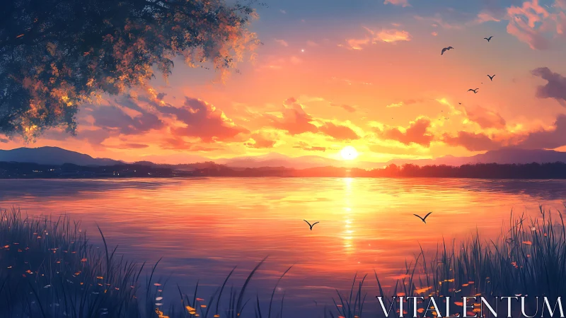 Sunset lake horizon glows with luminous golden reflections.