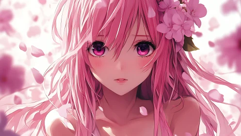 Pink haired anime girl in soft-focus sakura petal portrait