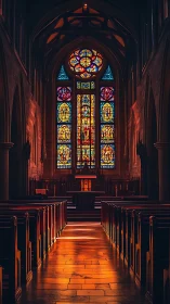Cathedral nave glows beneath vibrant stained glass window.