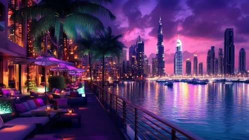 Neon Dubai marina skyline under vibrant twilight glow.