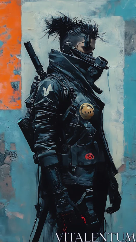 Cyberpunk soldier in tactical gear stands against painted wall