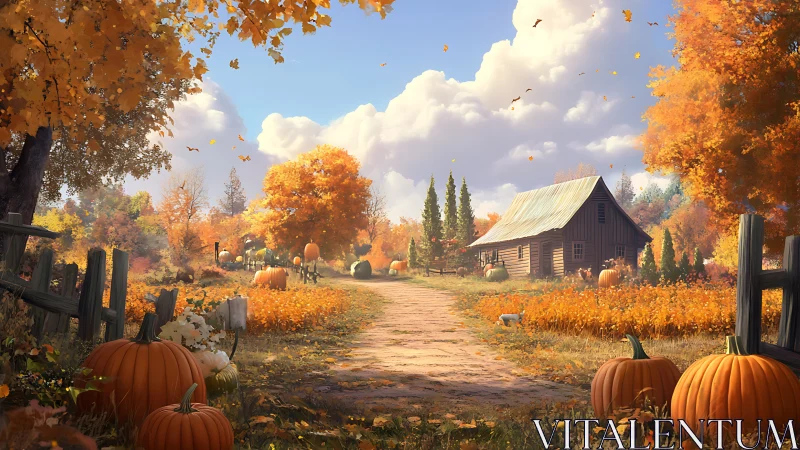 Autumn farm lane with pumpkins rendered in high-detail 3D lighting
