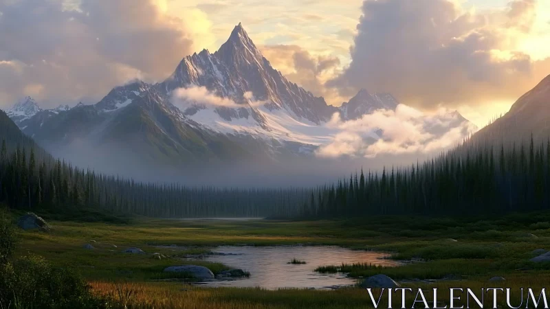 Summit carves dawnlight above a hush of mist and pines