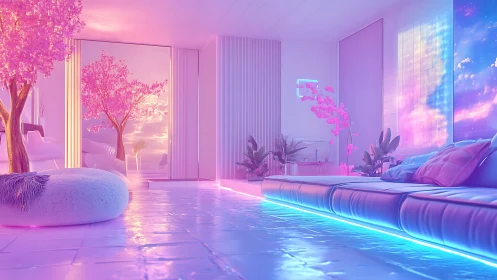 Neon-lit pastel loft merges zen minimalism with digital glow.