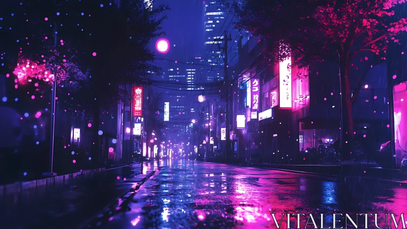Neon rainstreet dream where violet puddles mirror midnight.