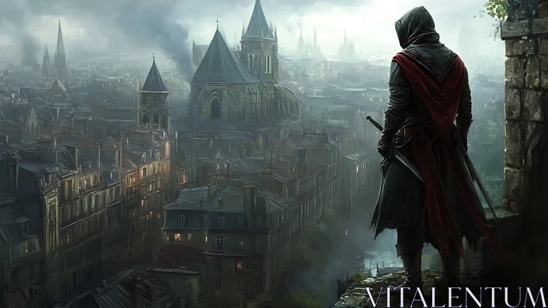 Hooded rogue surveys foggy gothic city from stone ledge