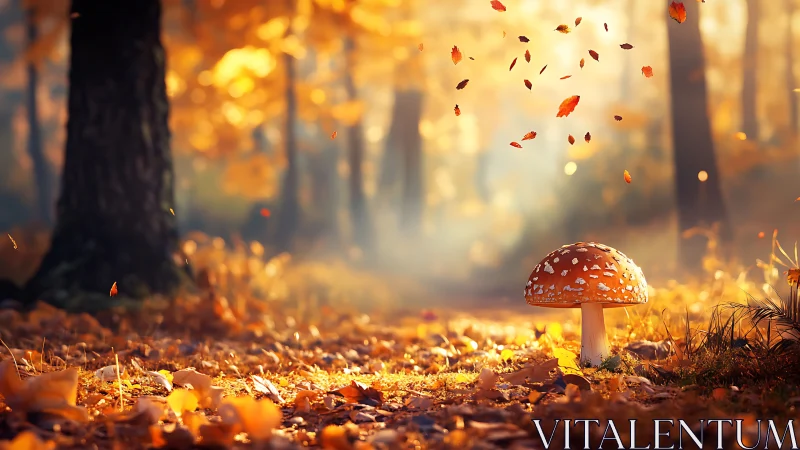 Sunlit autumn forest frames a magical red toadstool