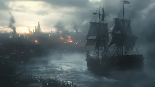 Warship in smoked dawn fog beside a burning harbor city.