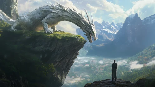 Clifftop dragon confrontation above alpine valley panorama.